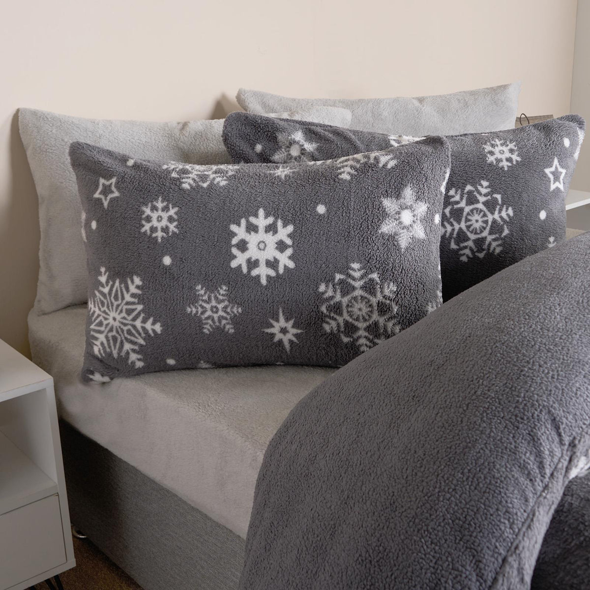 Snowflake Teddy Fleece Duvet Cover Bedding Set Winter Christmas Quilt Bed Soft
