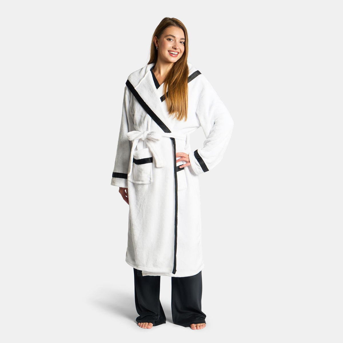 OHS Piped Edge Dressing Gown Flannel Fleece Winter Loungewear Hooded Bathrobe