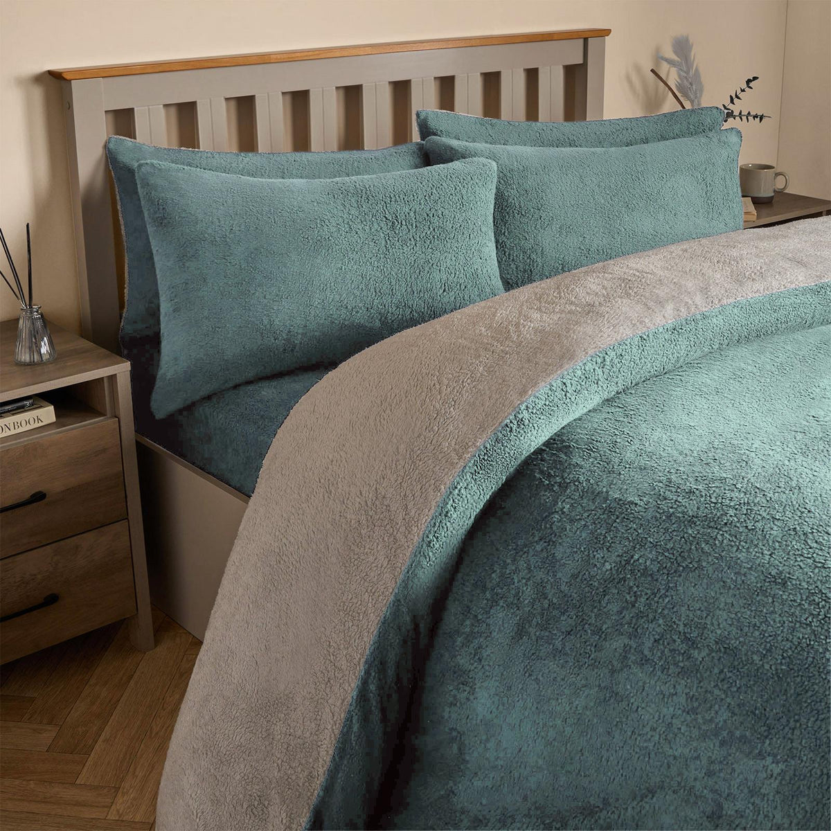 OHS Reversible Teddy Fleece Duvet Cover with Pillowcase Bedding Set Grey