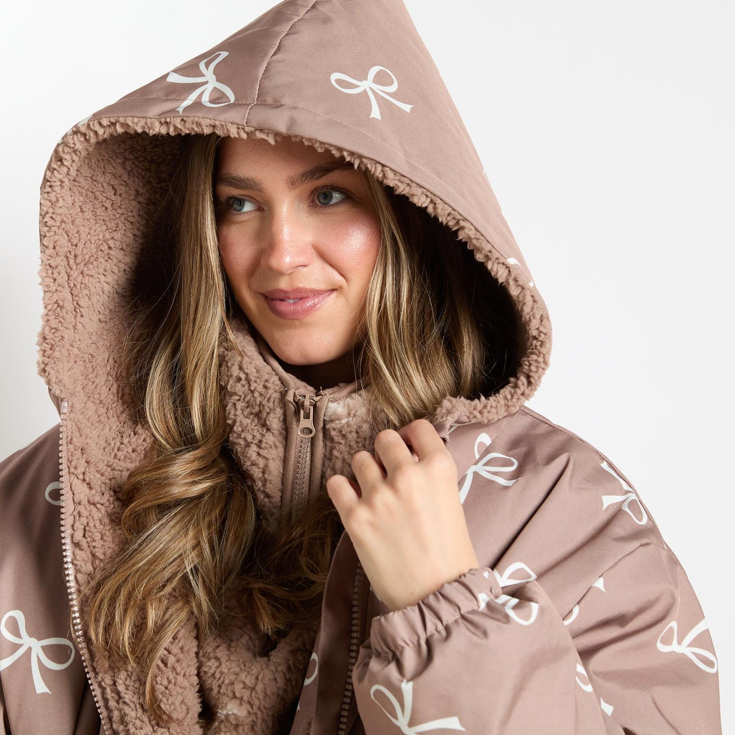 OHS Bows Print Drying Changing Robe Sherpa Lined Water Resistant Oversized Coat