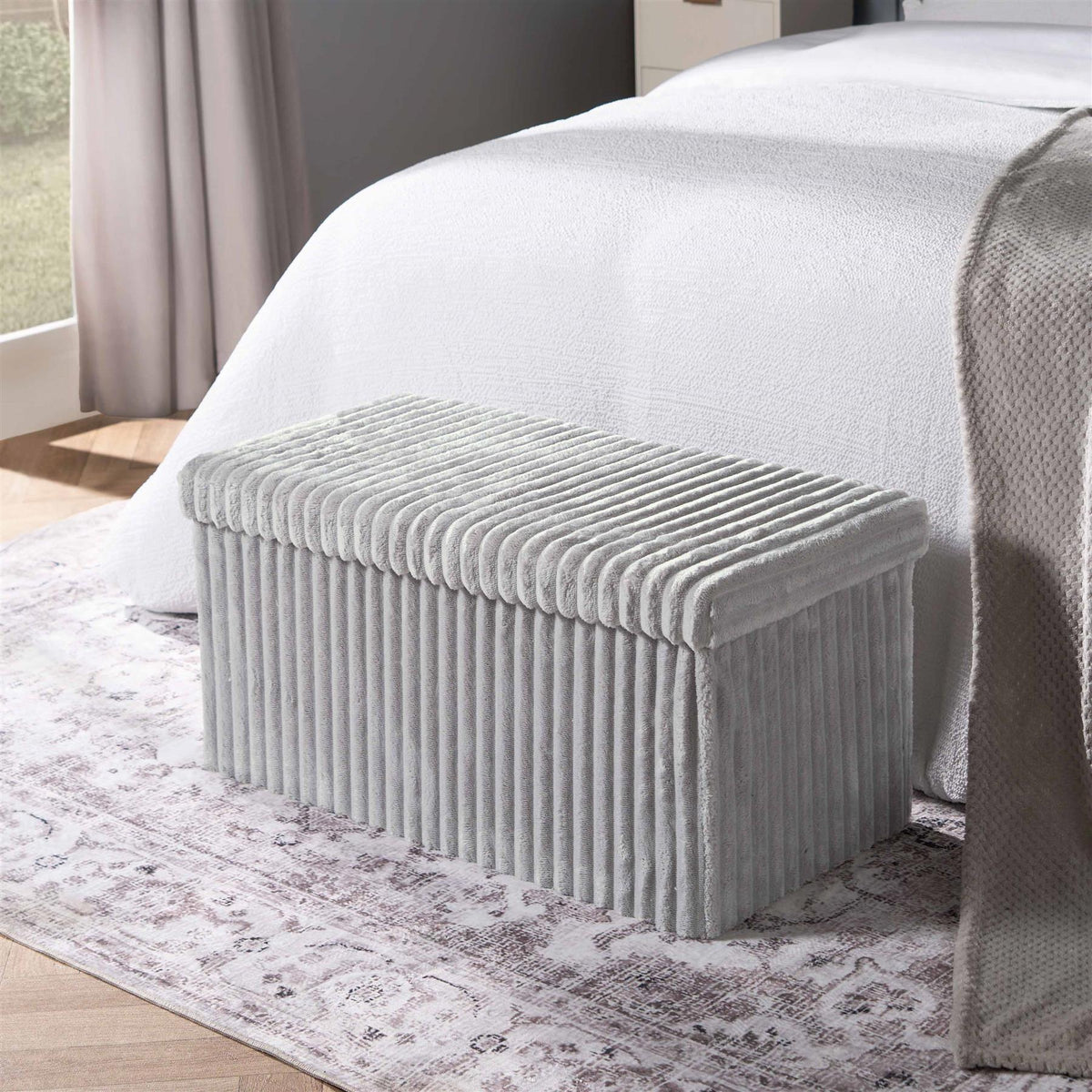 OHS Storage Box Lid Ottoman Folding Ribbed Fleece Footstool Tub Seat
