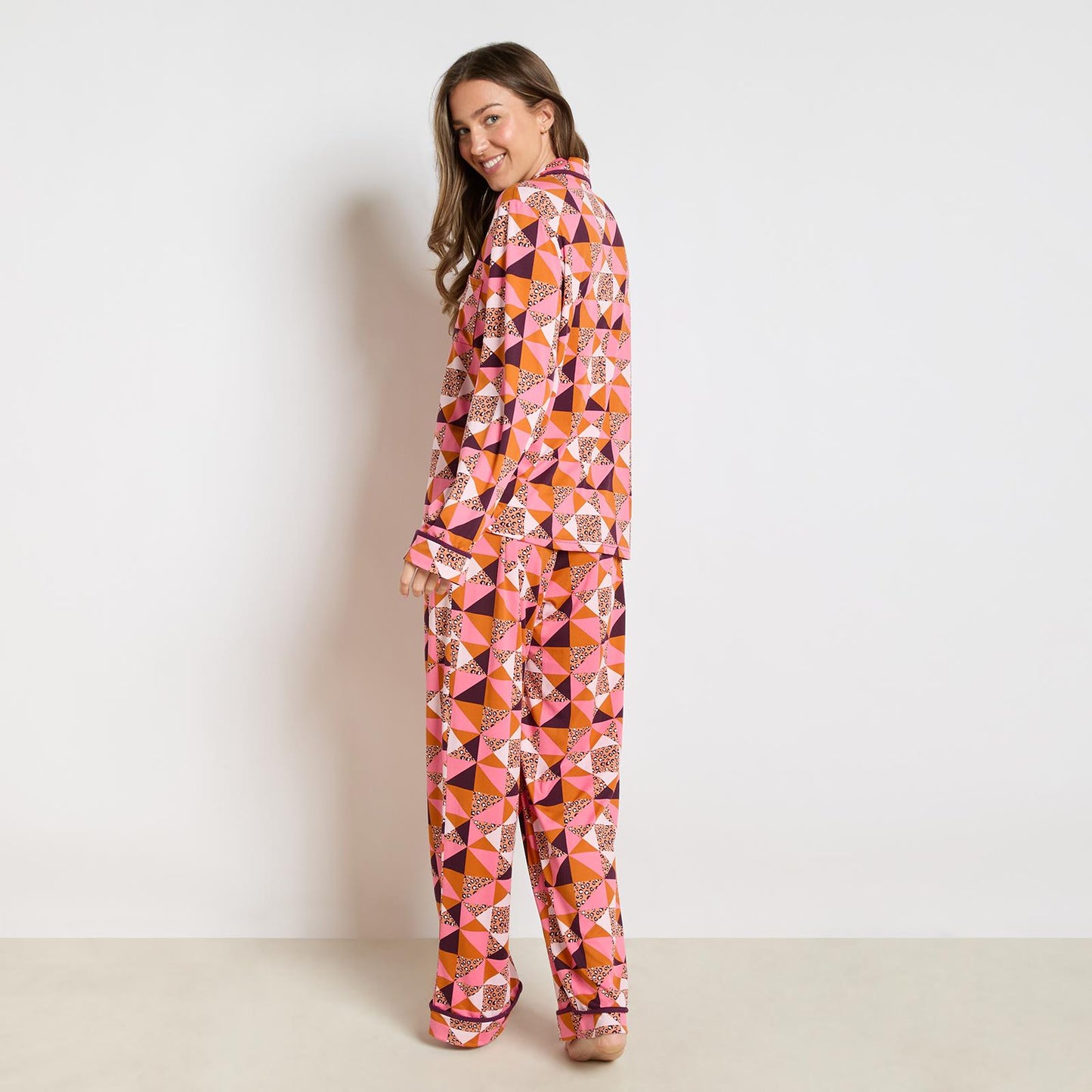 OHS Geo Print Pyjama Set Jersey Button Through Ultra Soft Nightwear Loungewear