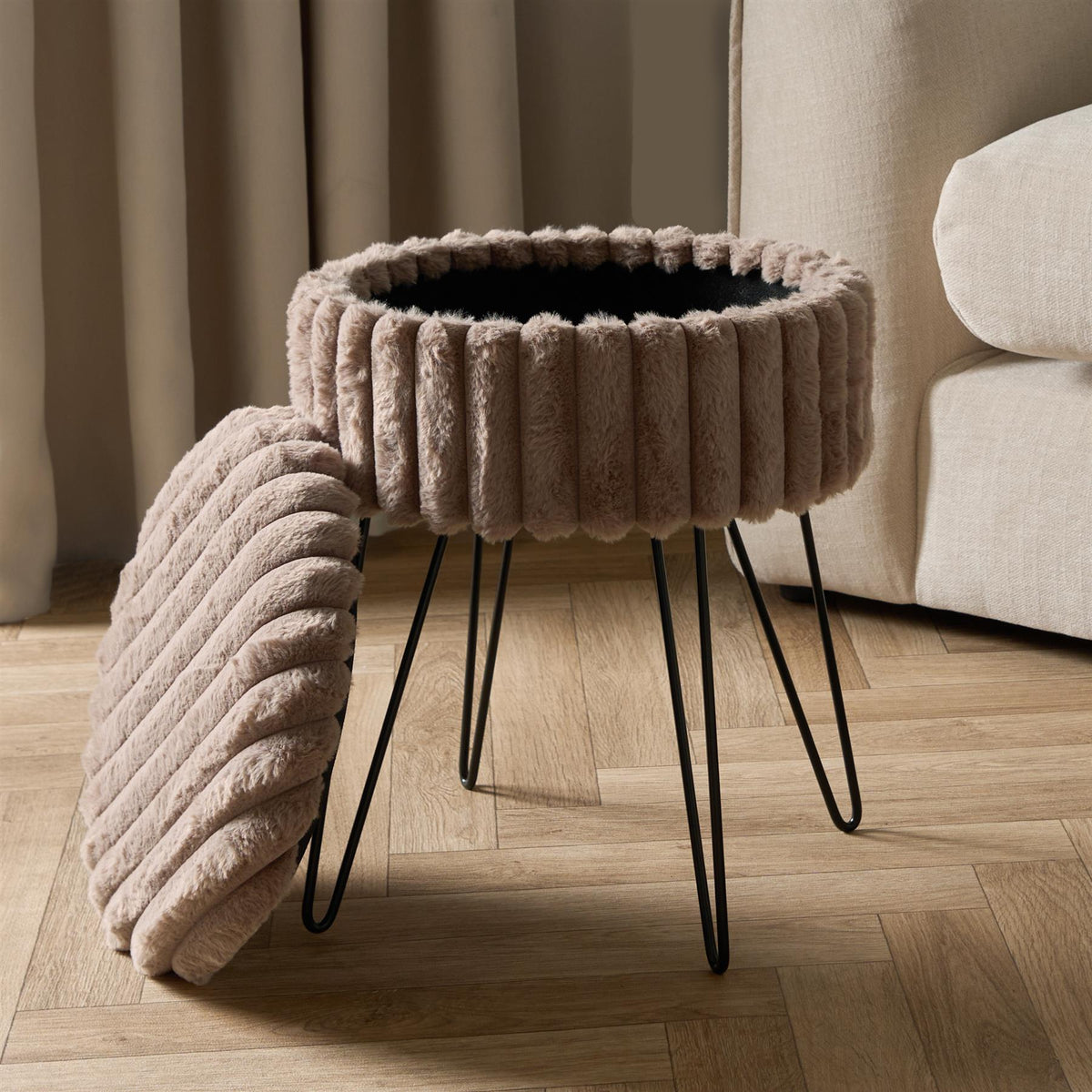 OHS Faux Fur Stool Hairpin Ribbed Fleece Round Vanity Seat Foot Rest Chair