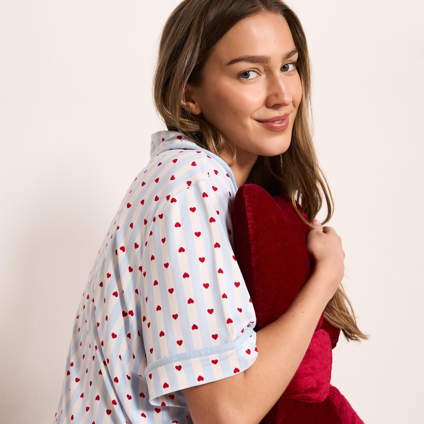 OHS Hearts Short Pyjama Set Womens Jersey Button Through Nightwear Loungewear