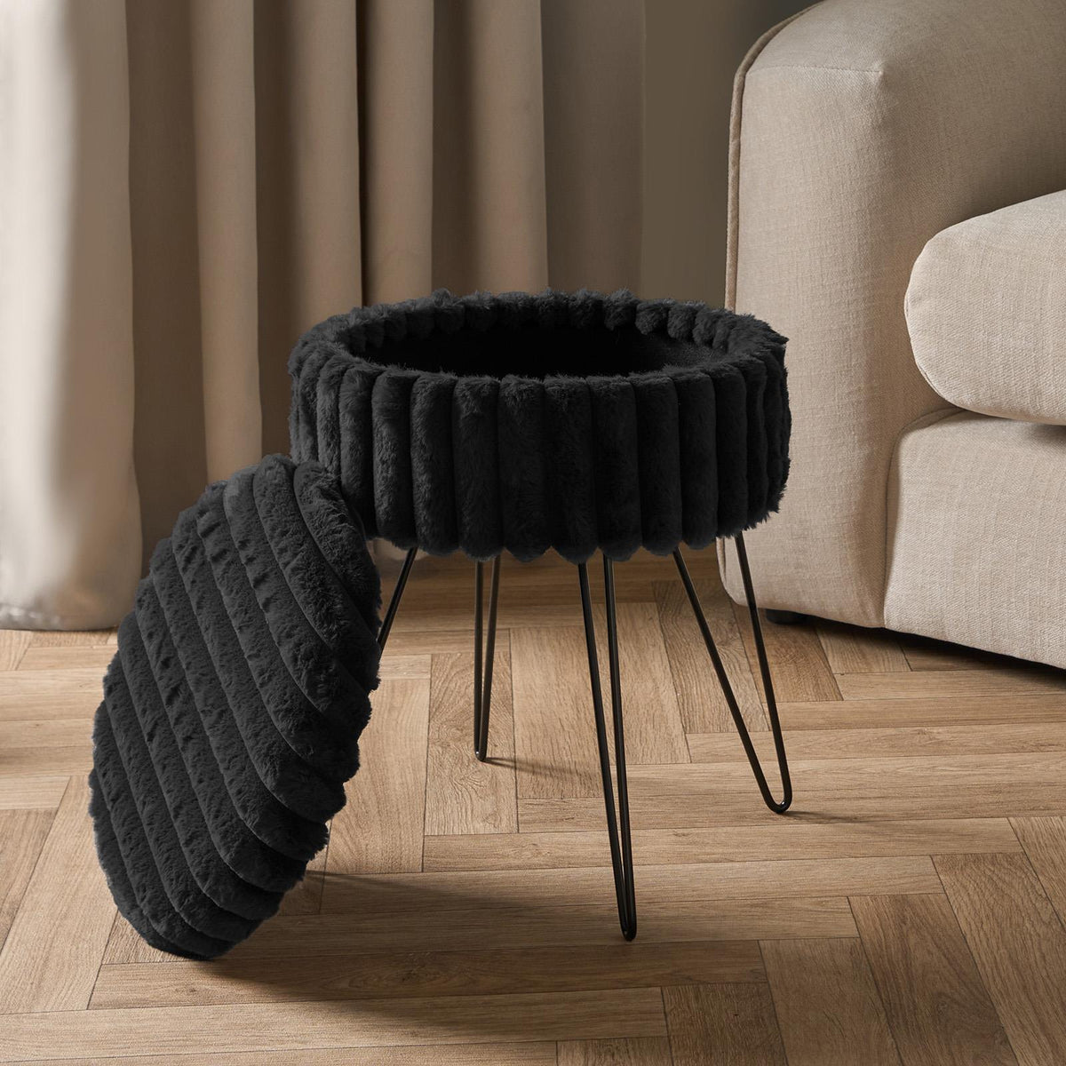 OHS Faux Fur Stool Hairpin Ribbed Fleece Round Vanity Seat Foot Rest Chair