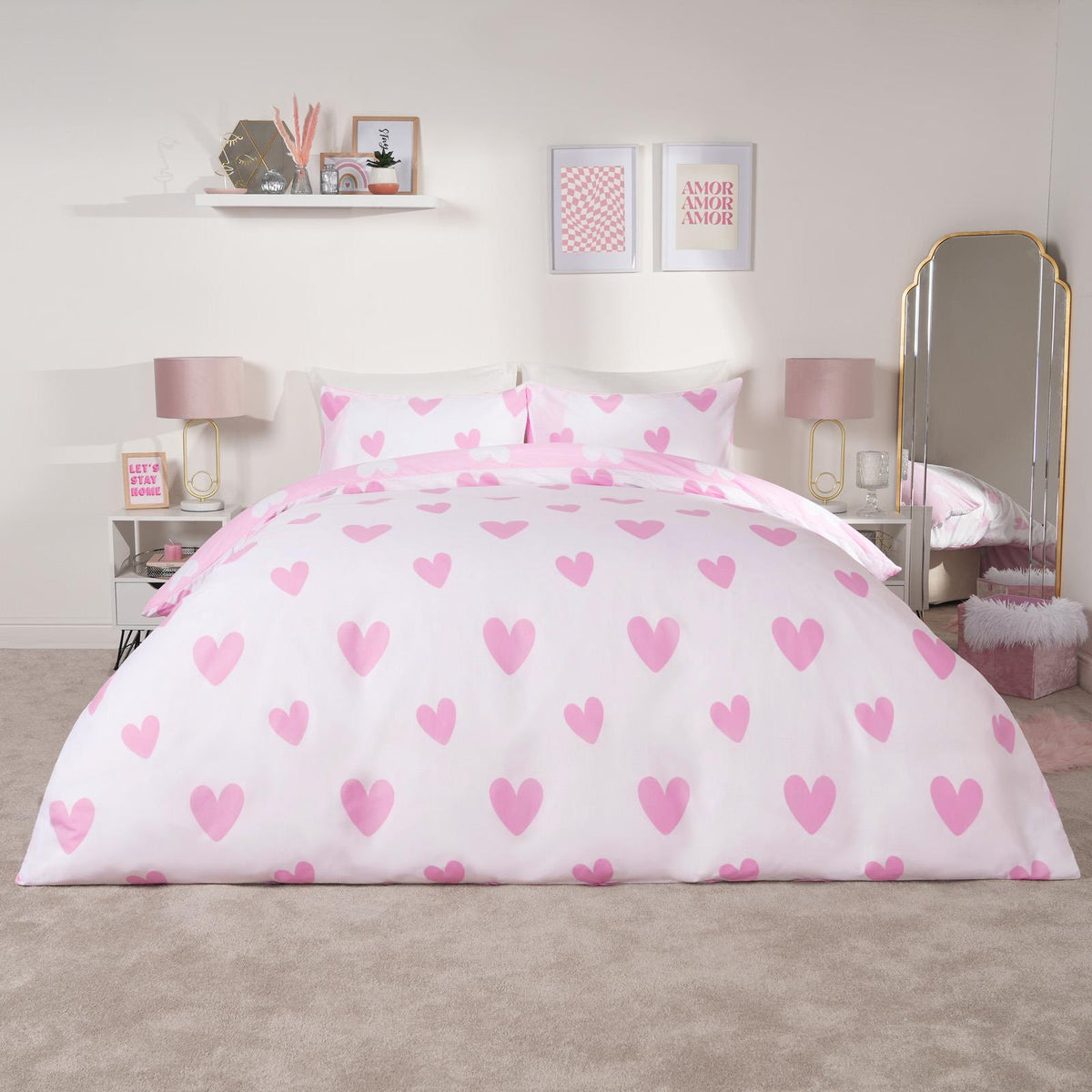OHS Heart Print Duvet Cover with Pillowcase Quilt Reversible Bedding Set