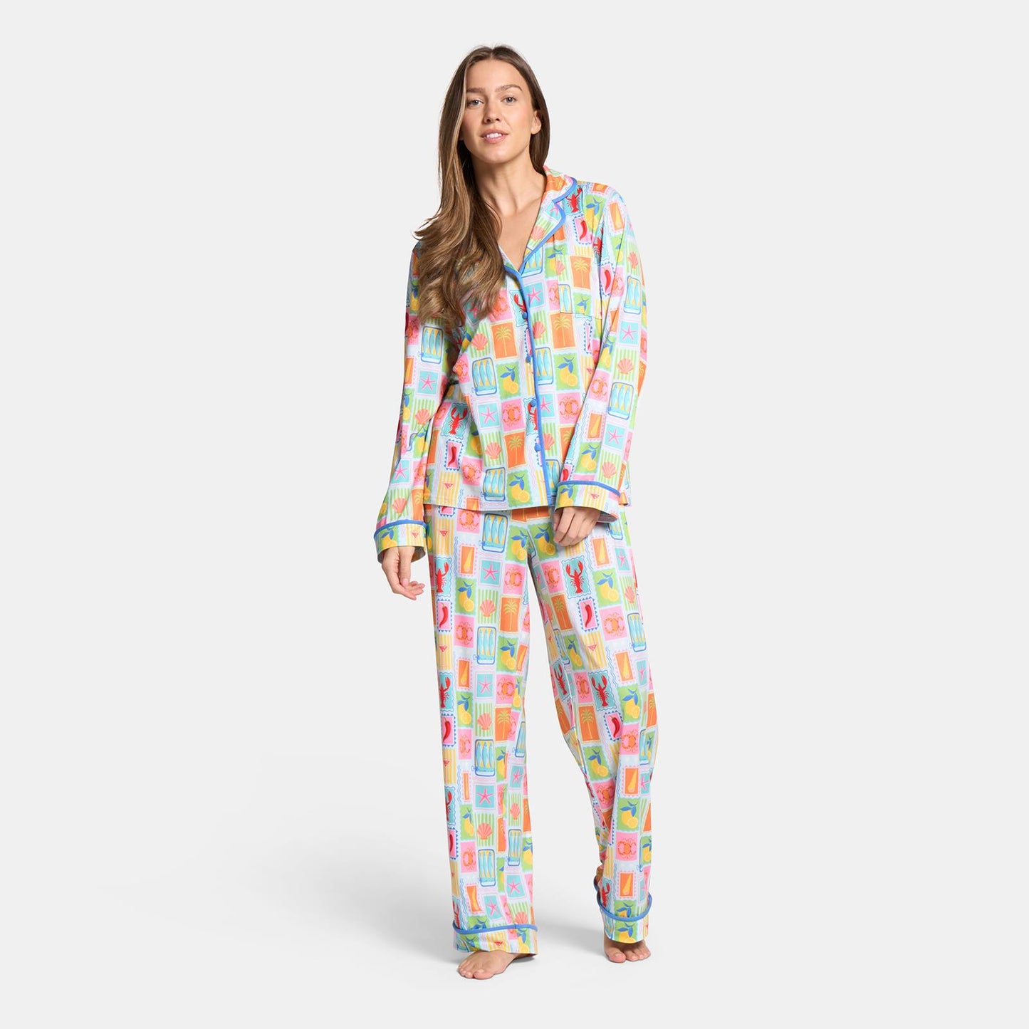 OHS Postcards Print Pyjama Set Womens Jersey Button Through Nightwear Loungewear