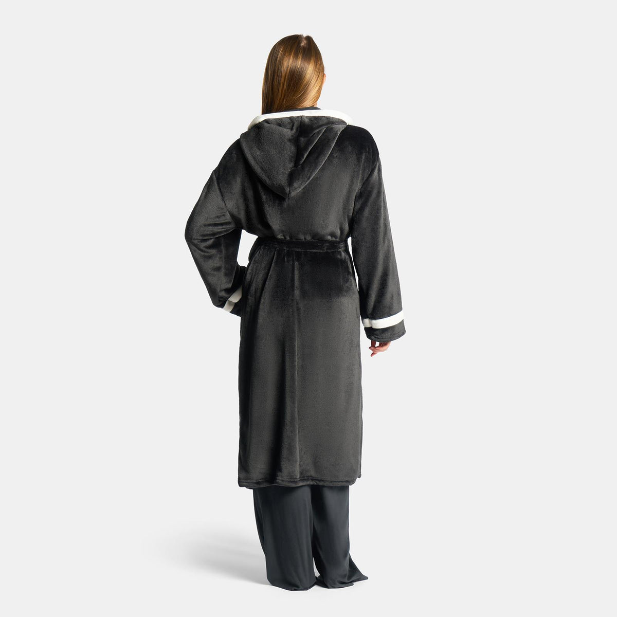 OHS Piped Edge Dressing Gown Flannel Fleece Winter Loungewear Hooded Bathrobe