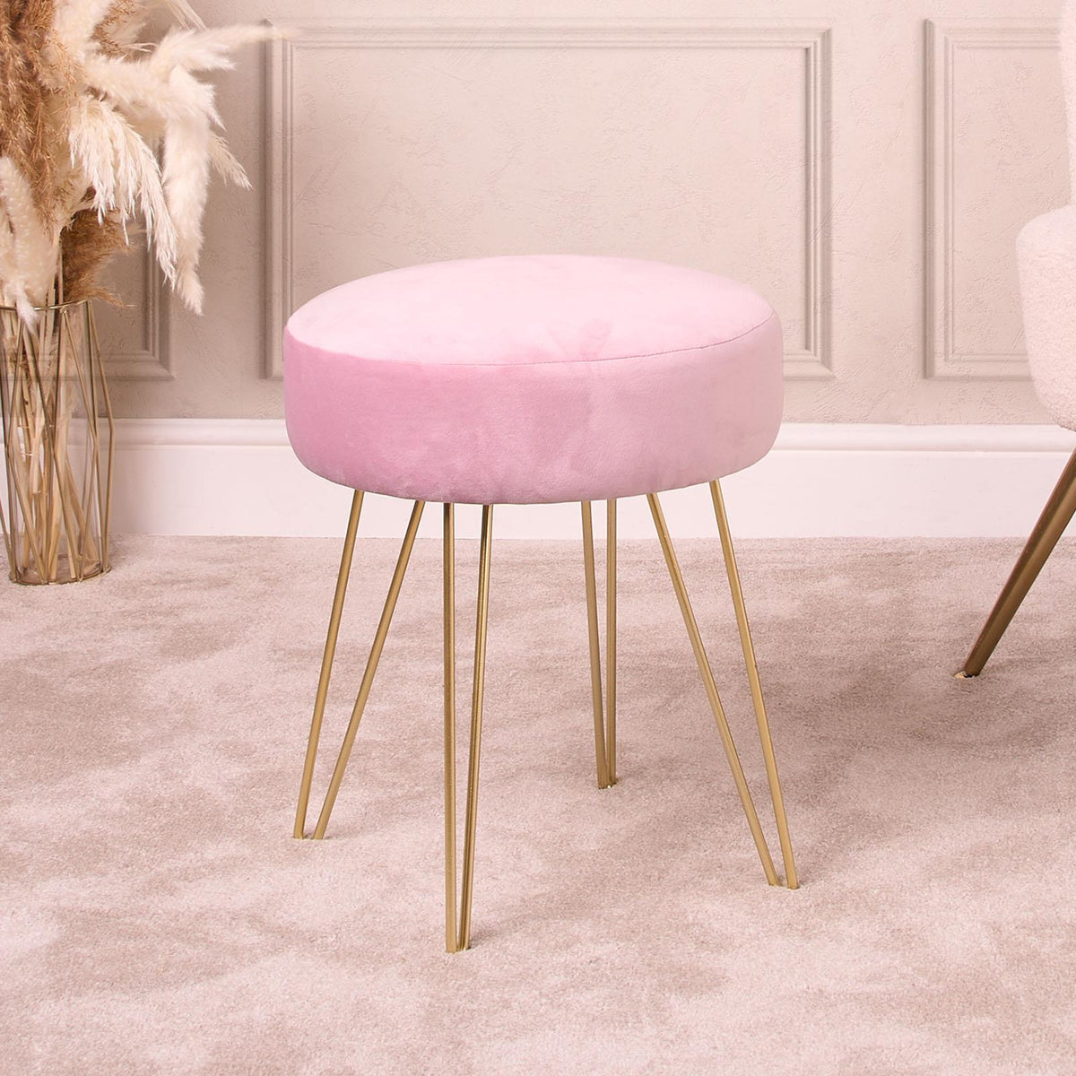 Dressing Table Stool Velvet Round Makeup Vanity Seat Chair Metal Legs Pouffe