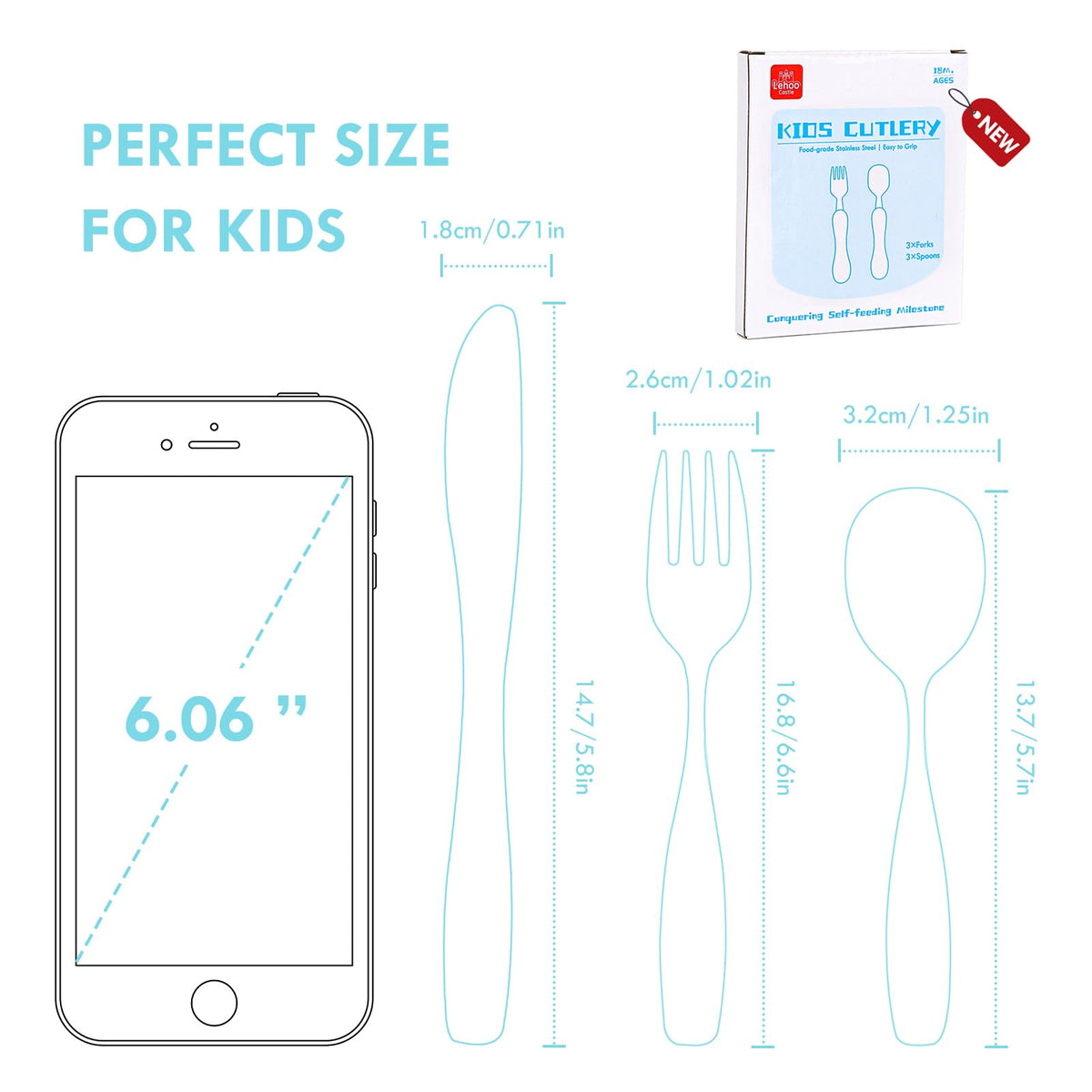 Lehoo Castle Stainless Steel Toddler Cutlery Set, 6-Piece Dinosaur Design