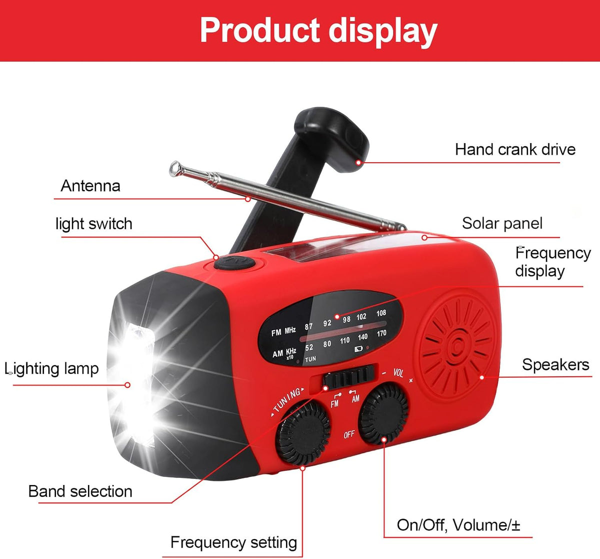 2000mAh Wind Up Solar Hand Crank Emergency Radio | AM/FM Weather Band Radio with LED Torch, SOS Alert & USB Phone Charger for Outdoor Camping Hiking (Black)