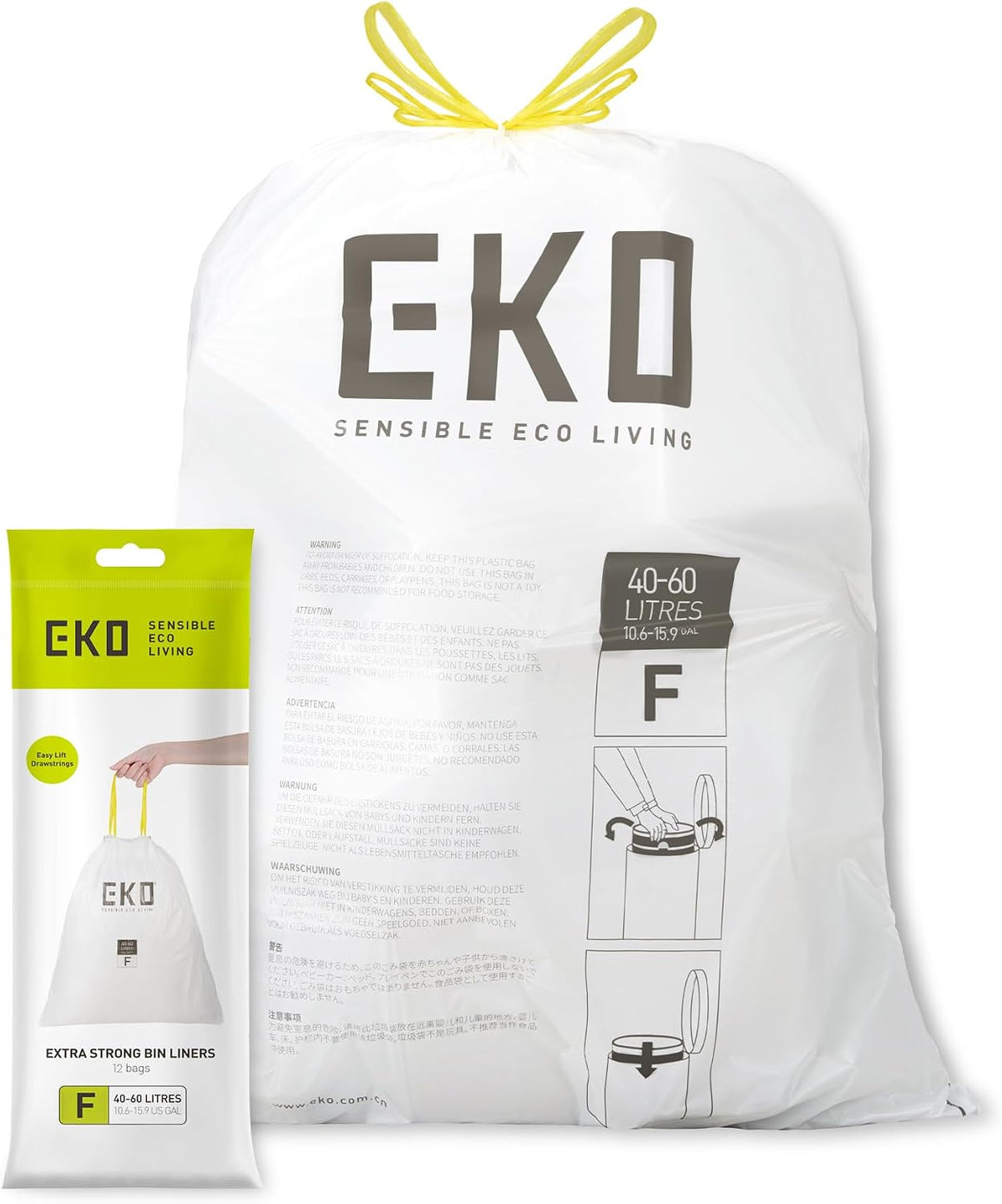 EKO Bin Bags, Kitchen Bin Liners, Drawstring, 40-60 Litre, 12 Count, Code F