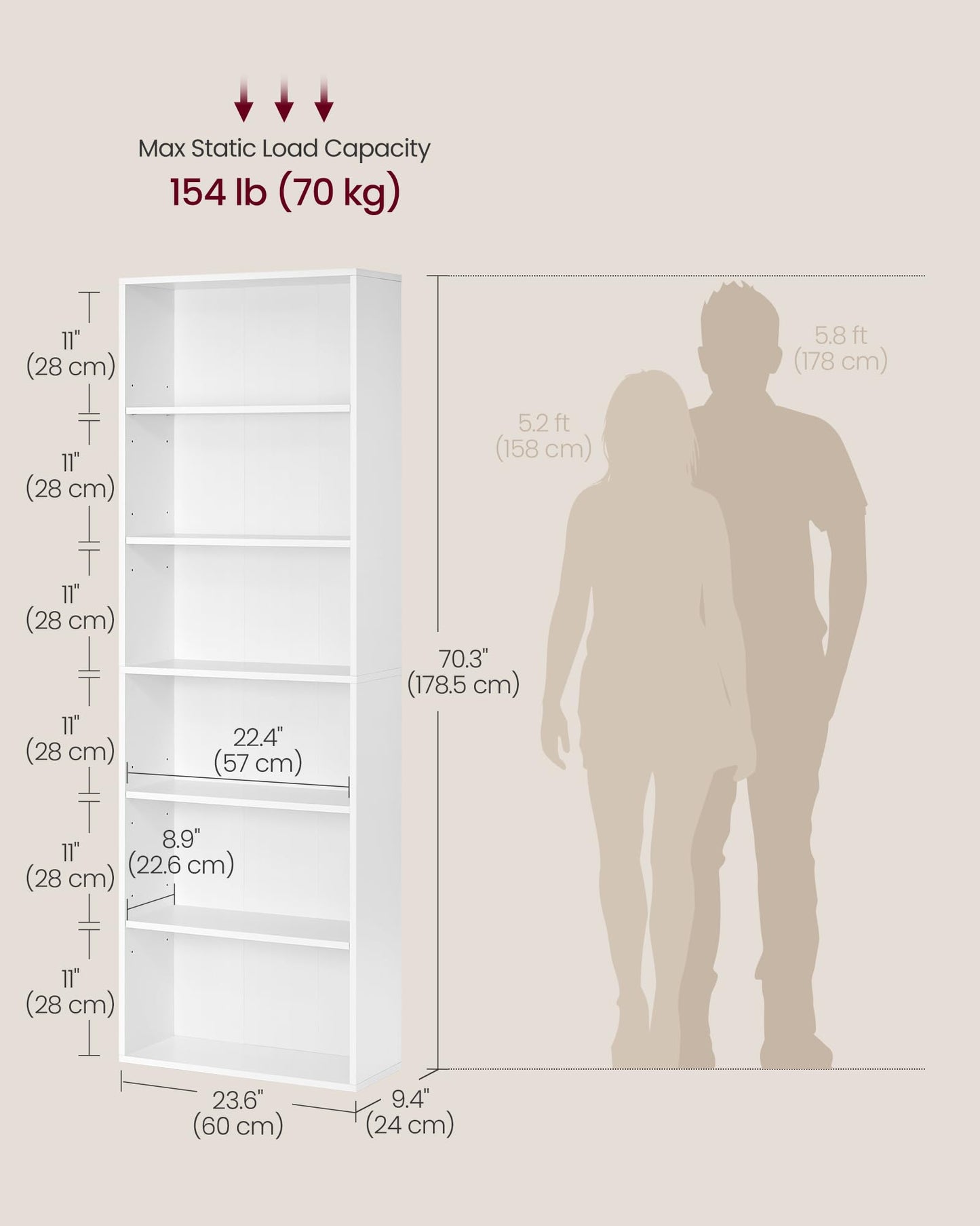 VASAGLE Bookcase, 6-Tier Bookshelf, Open Storage Shelf, Shelving Unit, 24 x 60 x 178.5 cm, for Living Room, Home Office, Dinning Room, Cloud White LBC169T14
