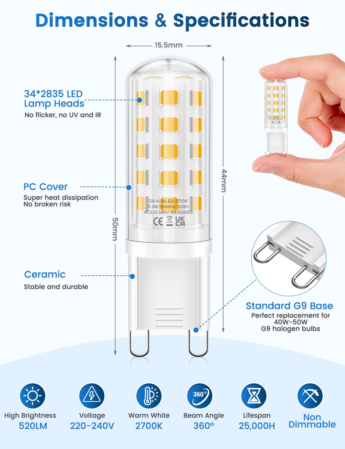 3.2W G9 Led Bulbs Cool White, Energy Class C 34 LEDs 520LM G9 Bulb, 10 Pack