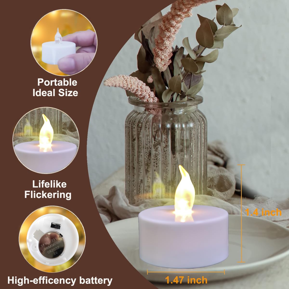 Jialine12 Pack Realistic and Bright Flickering Battery Operated Flameless LED Tea Lights Candles, 200+ tealights Electric Fake Candles for Halloween Weddings Festivals Decoration in Warm Yellow