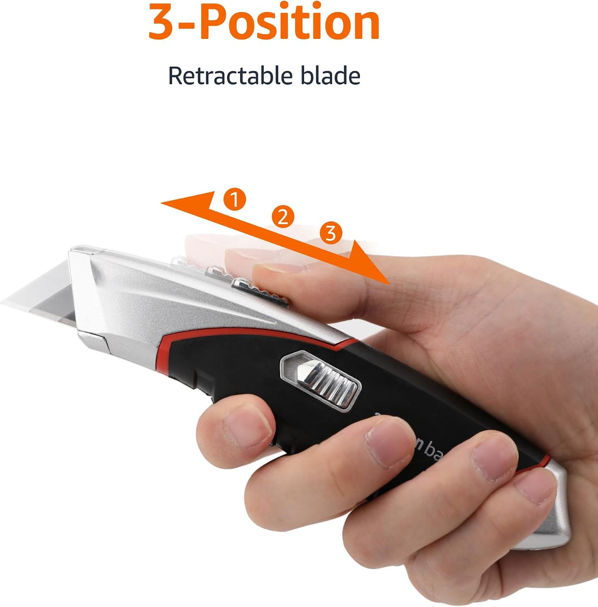 Amazon Basics Heavy Duty Retractable Auto-Load Ergonomic Utility Knife 3-Position Locking Blade with 4 Replaceable Blades in Designed Storage, Black/Silver