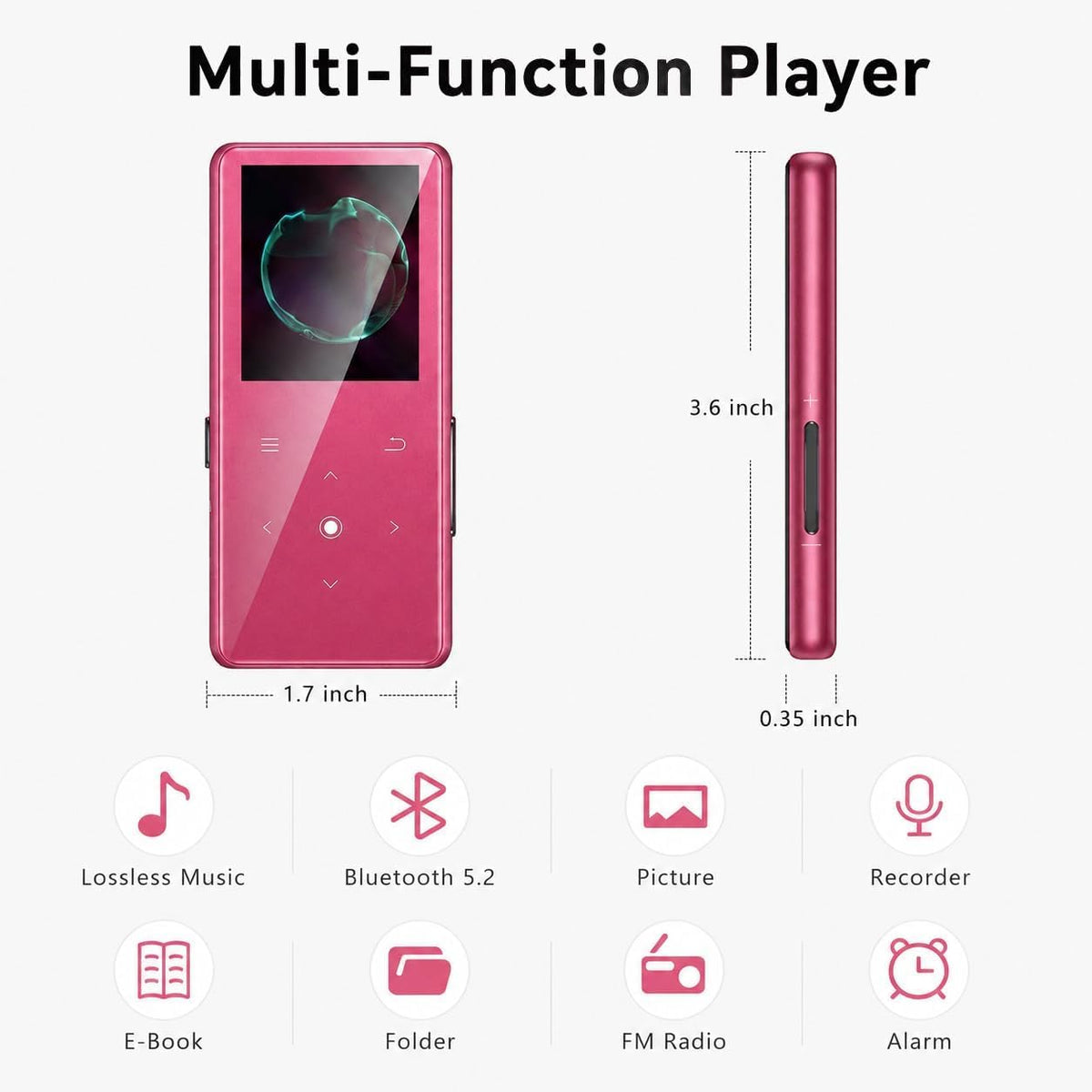 64GB MP3 Player with Bluetooth 5.2, AiMoonsa Music Player with Built-in HD Speaker, FM Radio, Voice Recorder, HiFi Sound, E-Book Function, Earphones Included