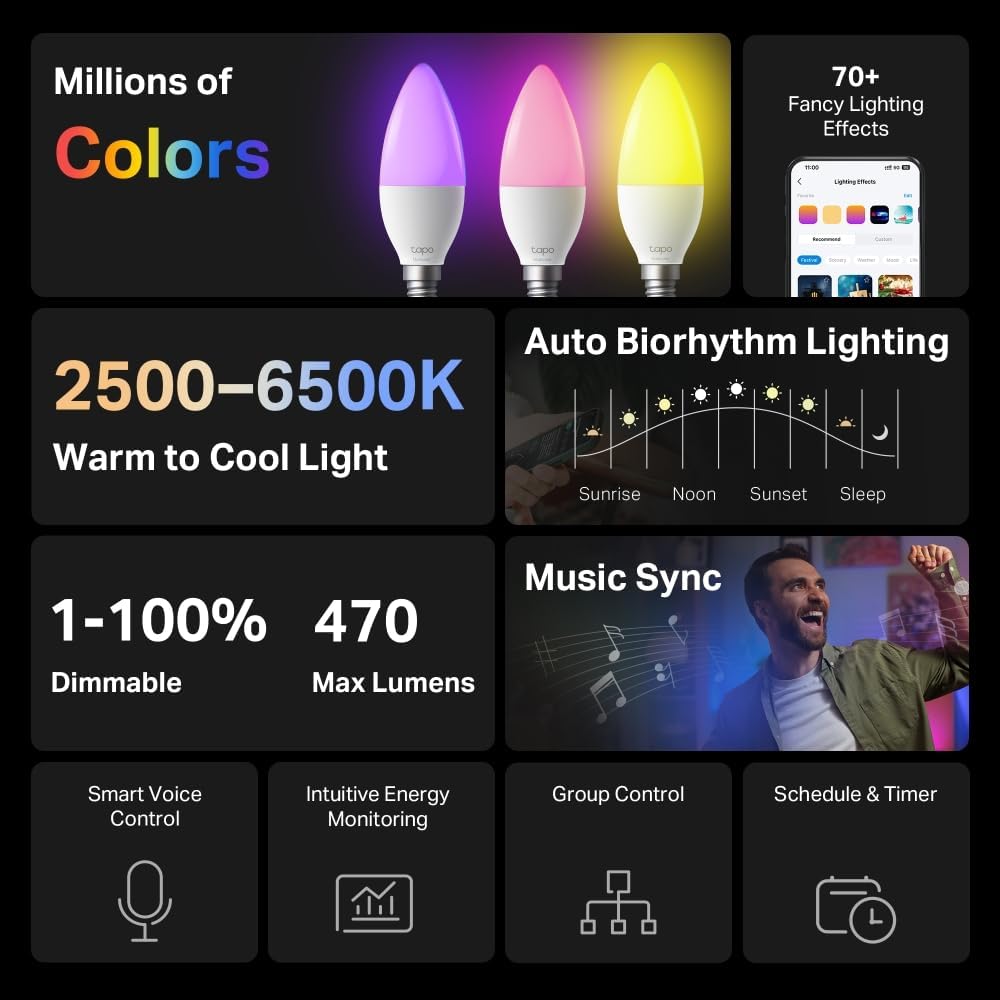 Tapo L430C(2-Pack) E14 Smart Bulb Candle Multicolour LED Light Bulb