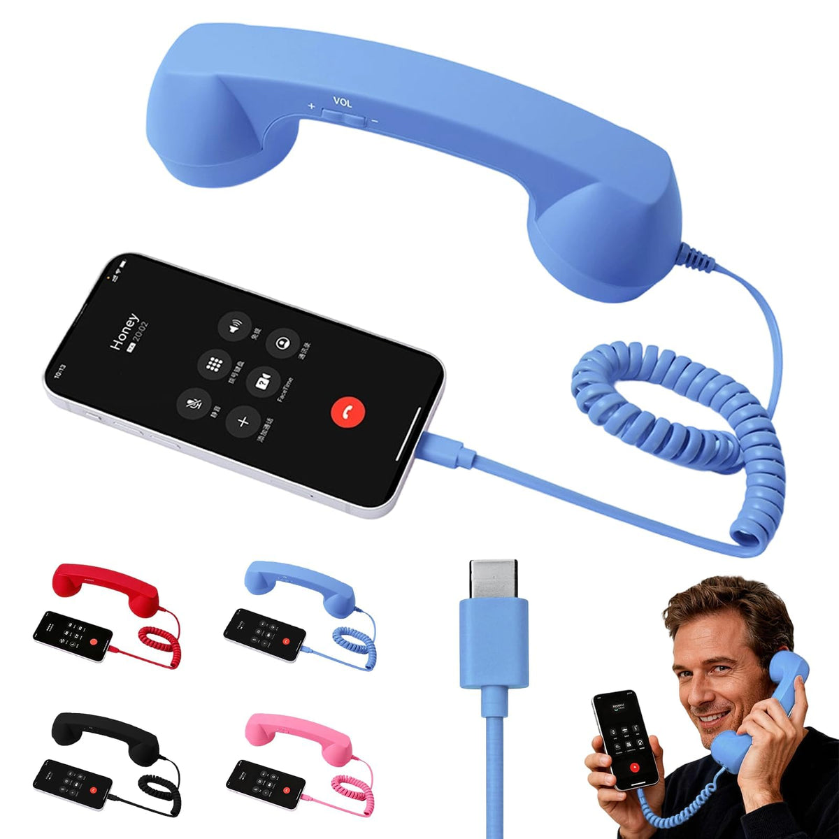 Retro Phone Handset for iPhone & Android, 2026 New Type-C Wired Receiver with Microphone & Speaker (2Pcs(Black and Red))