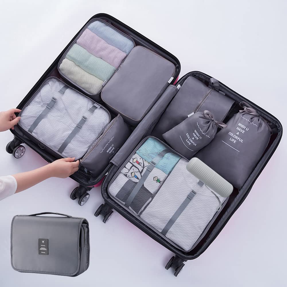 Travel Packing Cubes, Toifucos Multifunction 8pcs/set Luggage Organiser Compression Suitcase Essential Bag, Dark Gray