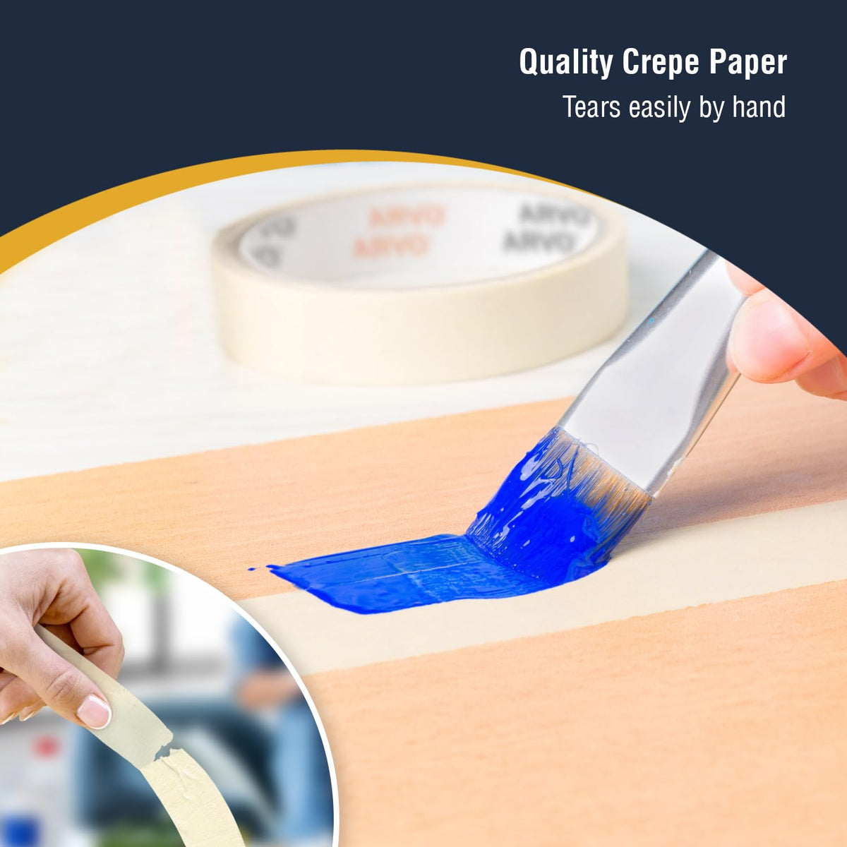 ARVO Masking Tape for Painting – 24 mm x 50 m Decorators Painters Tape | Medium-High Adhesion, Crepe Paper for Walls, Trim & Multi-Surface Indoor Decorating – Pack of 1