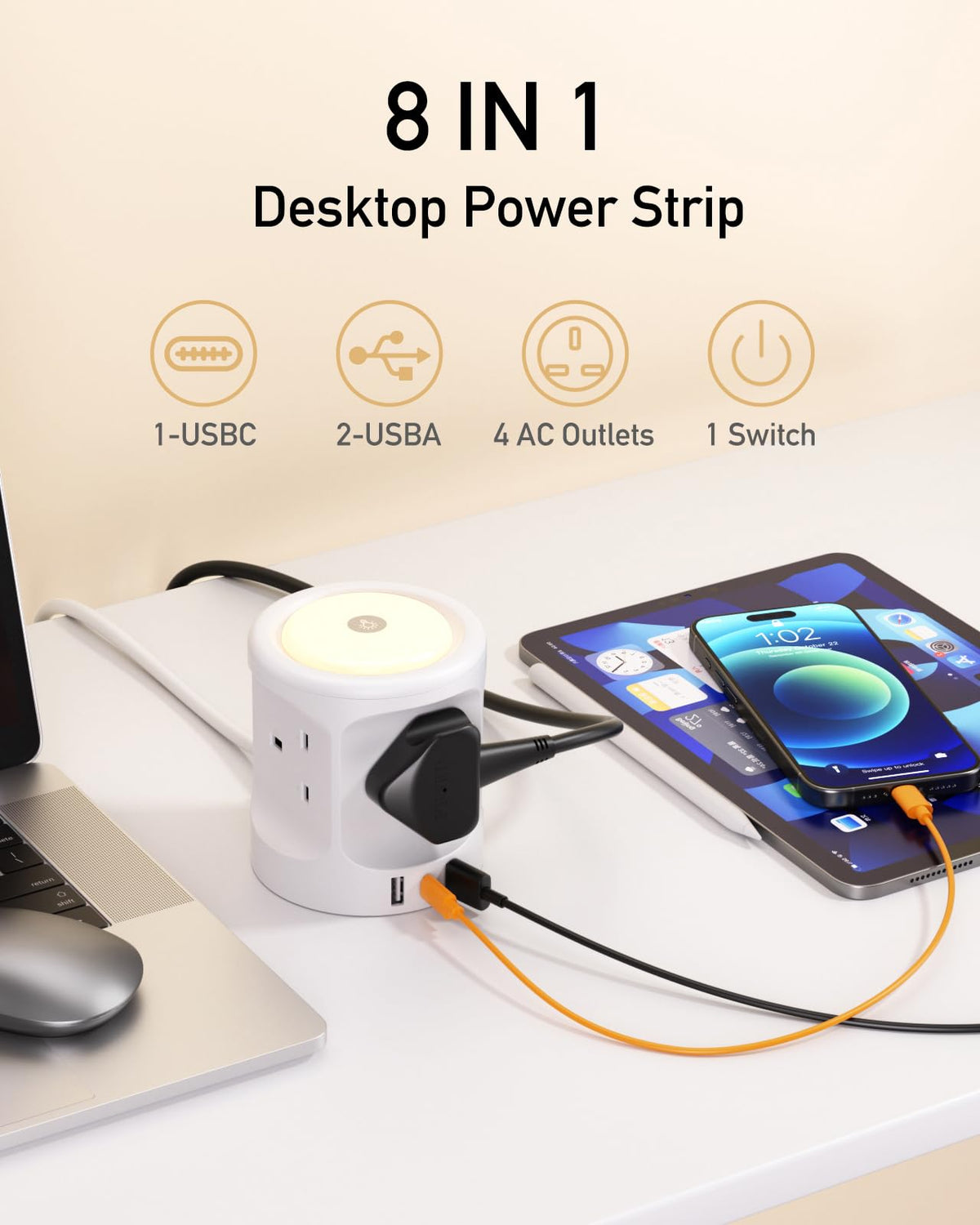 Extension Lead with USB Slots and Night Light, 4 Way (13A/3250W) Multi Plug Extension Cords & 3 USB Ports, Surge Protected Extension Lead with Switches, 2M Extension Cable for Home Dorm Office