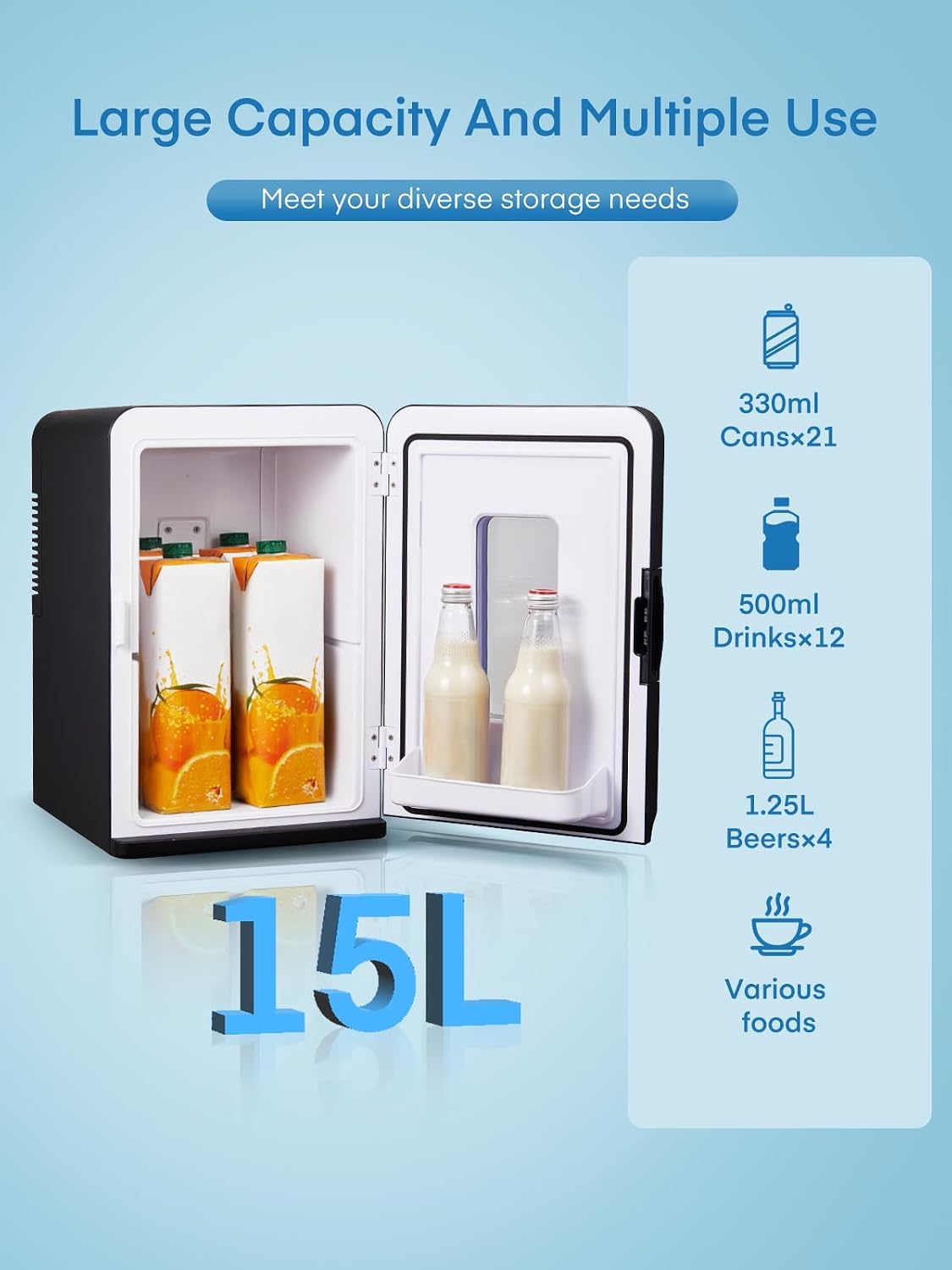Mini Fridge 15L/21 Cans Mini Fridge for Bedrooms, Upgrade AC+12V DC Power Small Fridge for Dorm, Car, Office, Travel | Max & ECO Mode, Thermoelectric Cooler and Warmer | for Skincare, Beauty, Drink