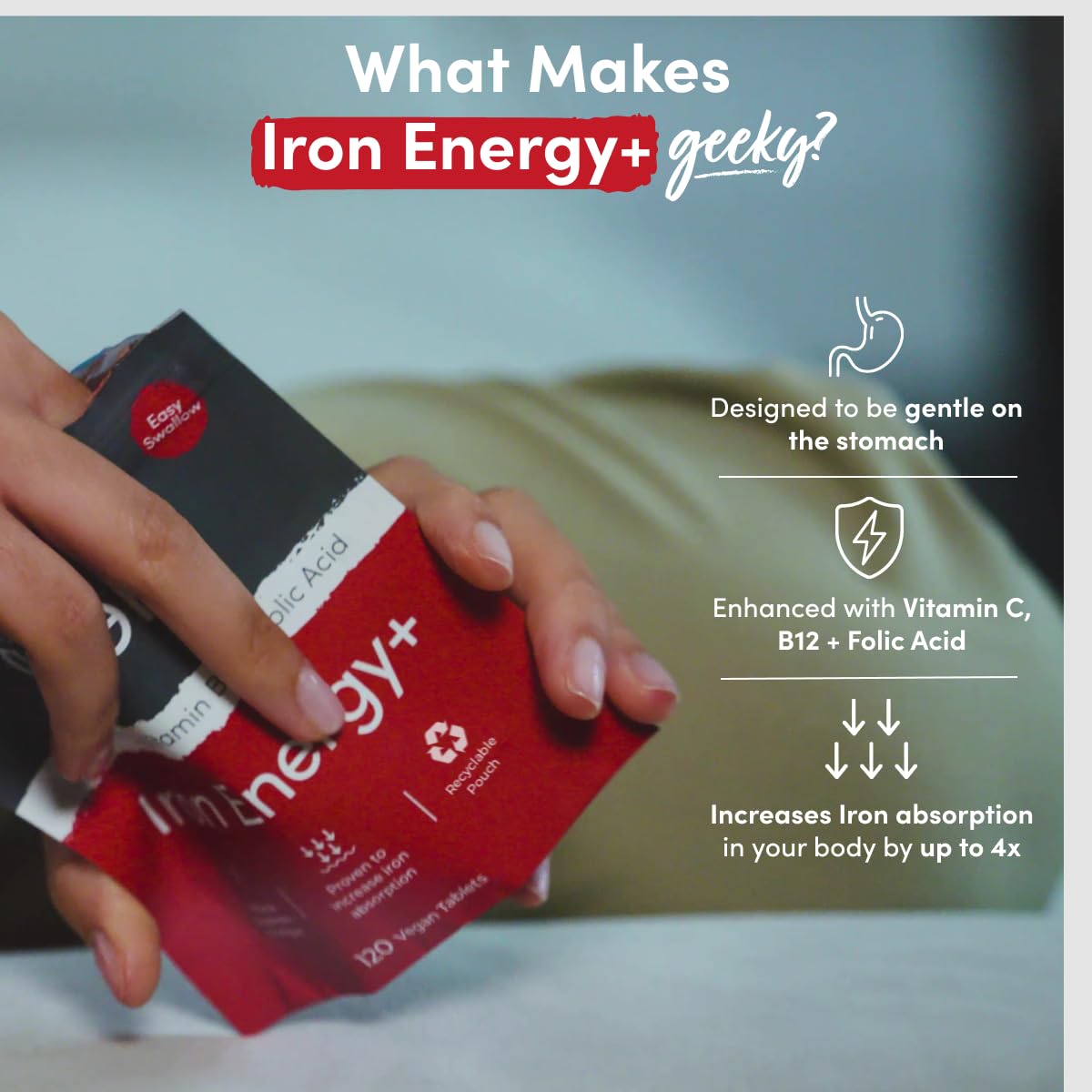 Iron Tablets High Strength - Energy Tablets with Vitamin C, B12 & Folic Acid - 120 Vegan Iron Supplements for Women and Men - 14mg - Enhanced Energy Support & Increased Absorption - UK Made