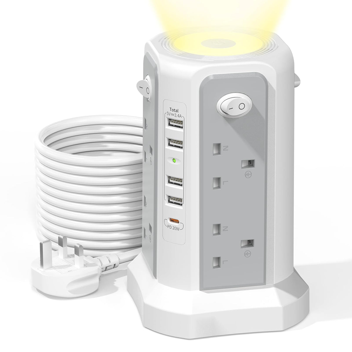 HAFINO Tower Extension Lead 3M with USB Slots and Night Light, 4 Switches