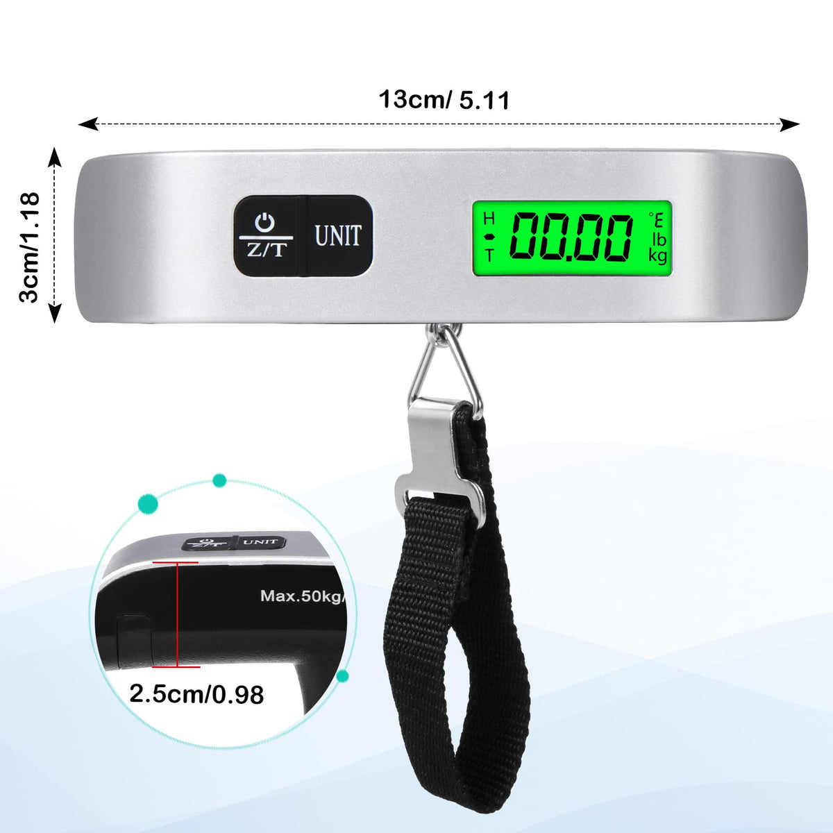 Blendura Digital Luggage Scale with Hook, 50 kg / 110 lb, White