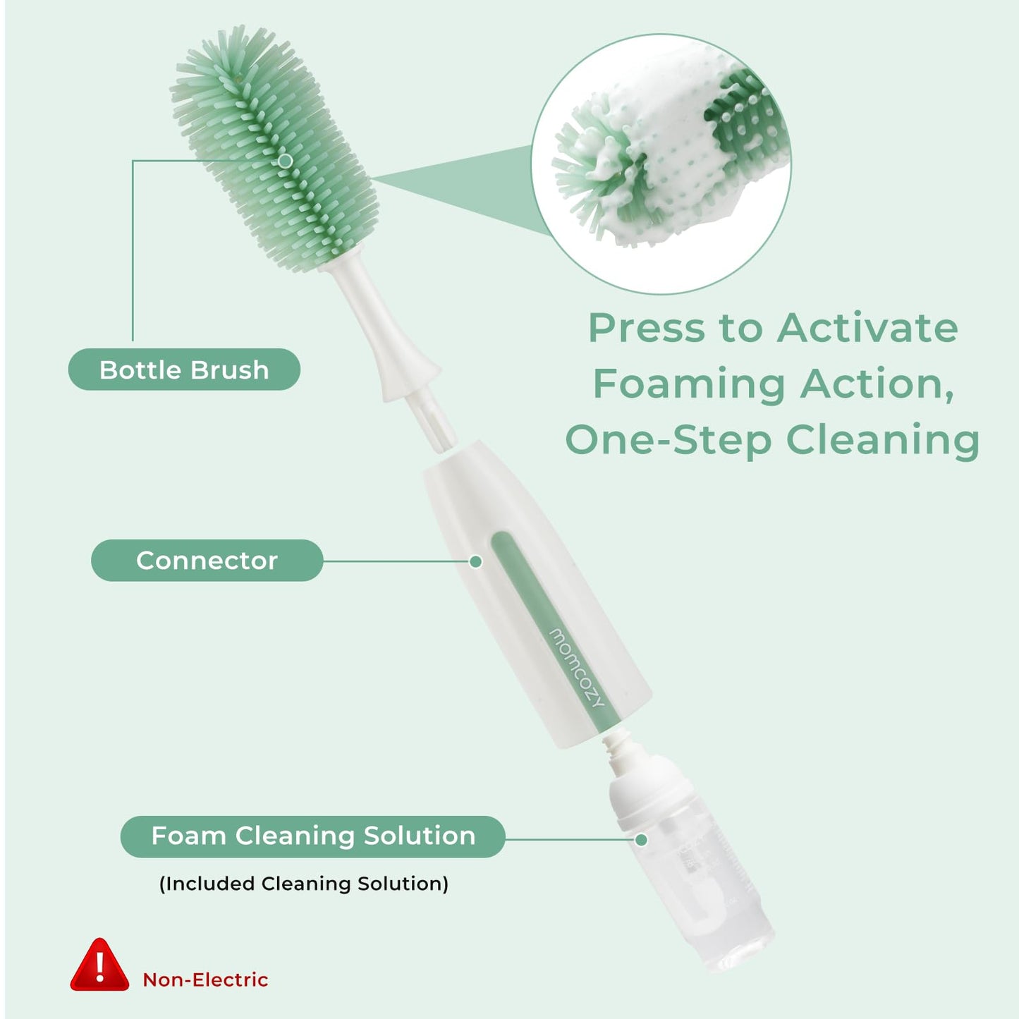 Momcozy Bottle Brush Set - Baby Bottle Cleaner Kit with Silicone Brush, Nipple Brush, Straw Brush, Soap Dispenser, Drying Rack - 7 in 1 Bottle Cleaning Tool for Home and Travel, Green