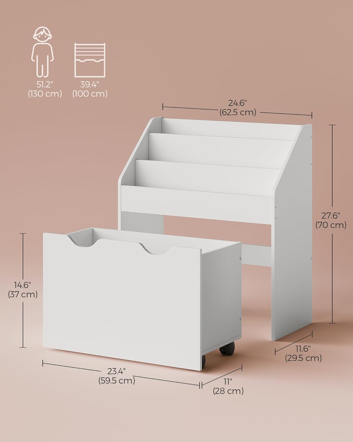 SONGMICS Kids Bookshelf and Toy Organiser, Toy Storage Chest and Bookcase with 3 Shelves, Storage Box with Wheels, Multipurpose, for Children's Room and Playroom, Cloud White GKR041W10