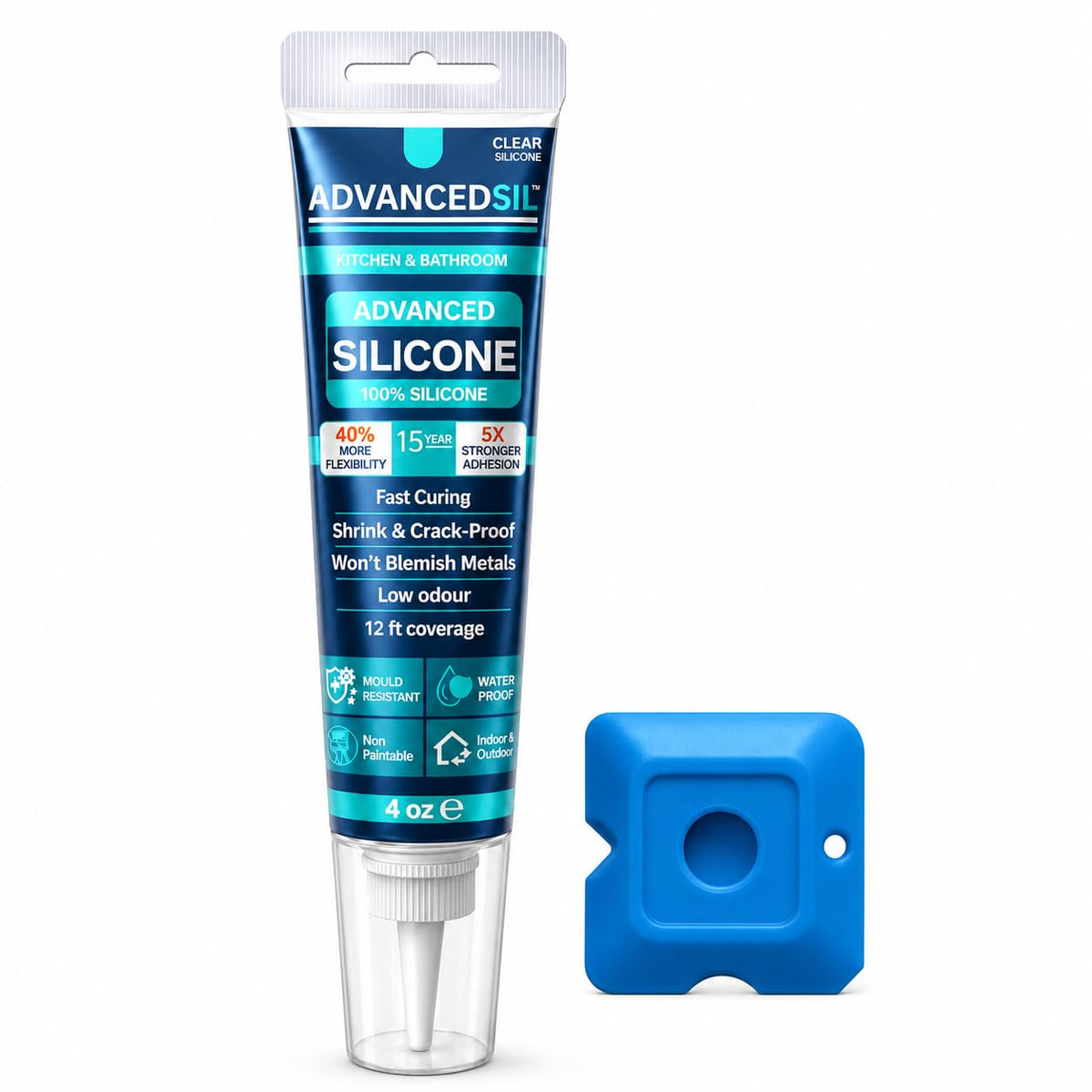 Silicone Sealant – Clear Kitchen & Bathroom Silicone Sealant with Finishing Tool for a Professional Finish | Waterproof & Anti-Mould Protection - 120ml