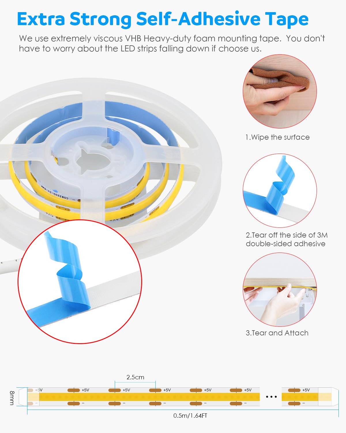 Aclorol 3M COB LED Strip Light Warm White 3000K 5V USB Flexible LED Light Strip 8mm Width Dimmable CRI85+ Dotless Tape Light High Density 320LEDs/M for Bedroom Kitchen Under Cabinet Home Decor