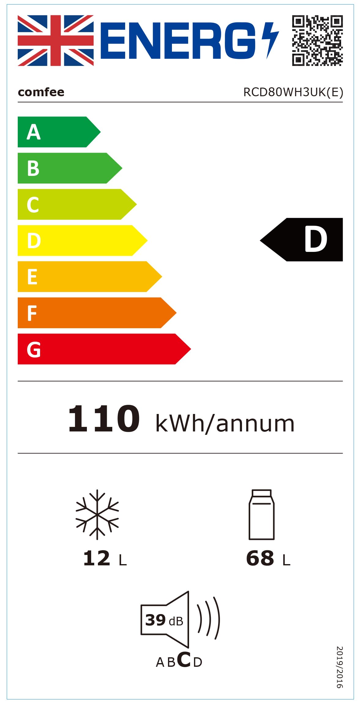 COMFEE' 80L Under Counter Fridge with 4-Star Ice Box, RCD80WH3UK(E)