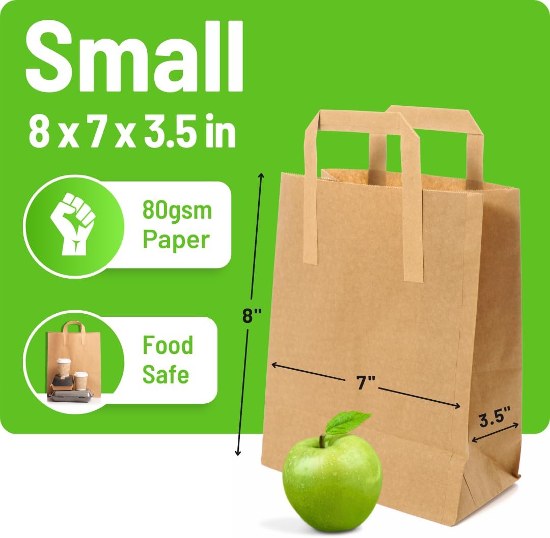 Brown Paper Bags with Handles - Small 8 x 7 x 3.5", 250 Pack, 80gsm Kraft Material, Takeaway Lunch Grocery Shopping Gift Party