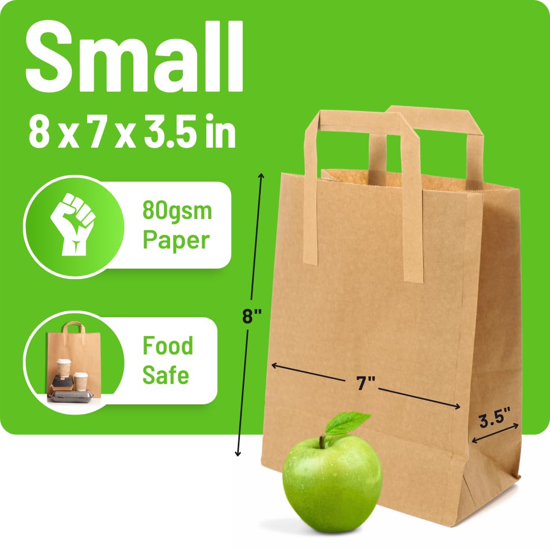 Brown Paper Bags with Handles - Small 8 x 7 x 3.5", 250 Pack, 80gsm Kraft Material, Takeaway Lunch Grocery Shopping Gift Party