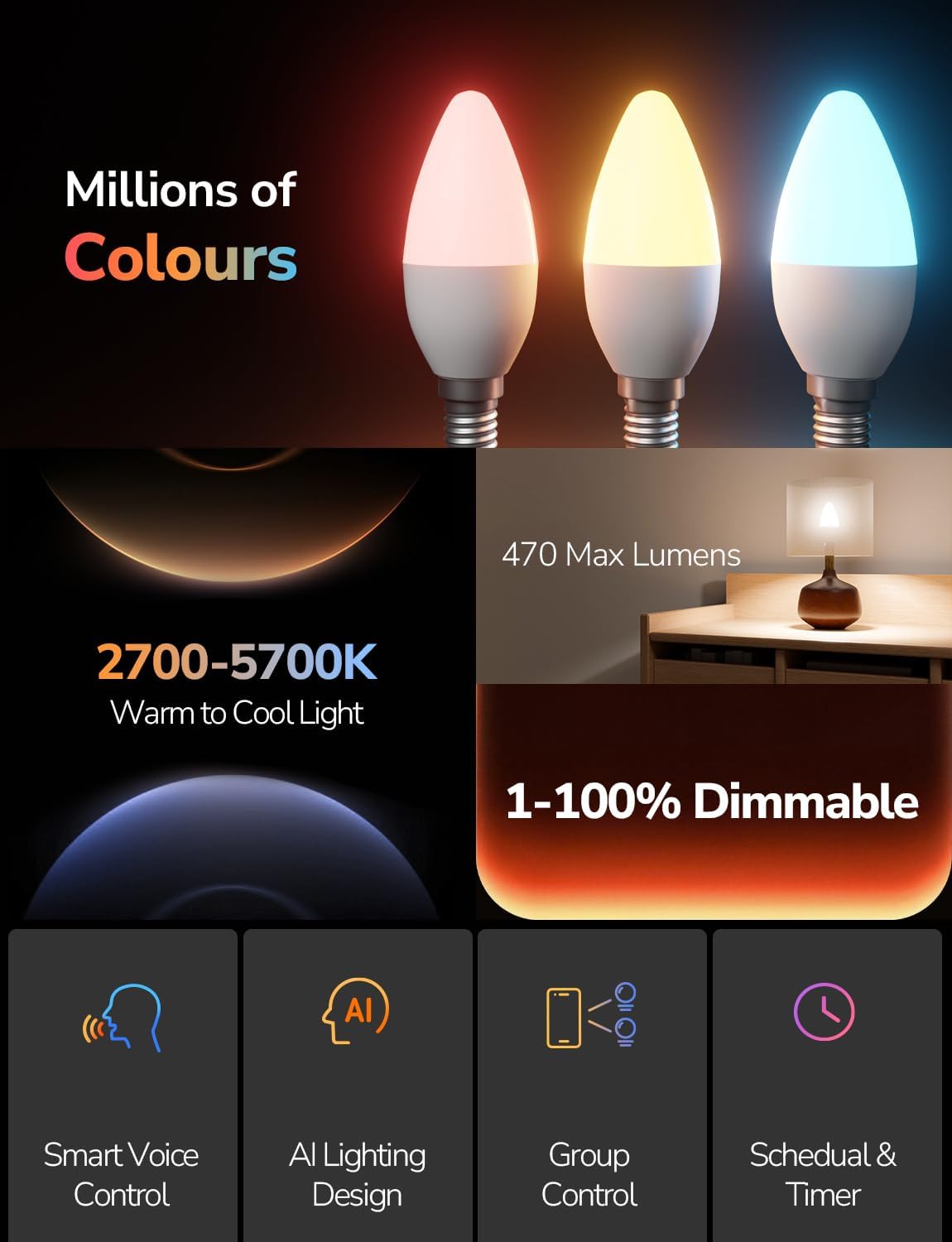 Lepro AI Smart Bulb E14, Colour Changing, Dimmable, Works with Alexa/Google