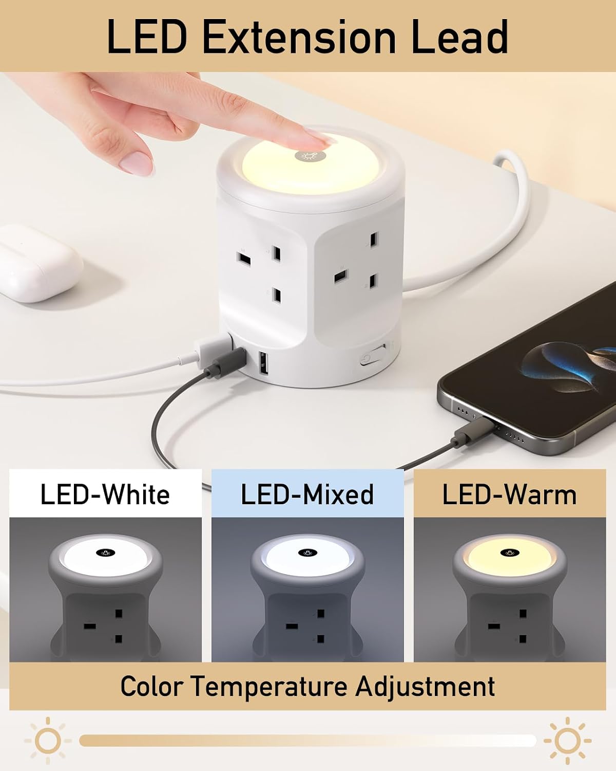 Extension Lead with USB Slots and Night Light, 4 Way (13A/3250W) Multi Plug Extension Cords & 3 USB Ports, Surge Protected Extension Lead with Switches, 2M Extension Cable for Home Dorm Office
