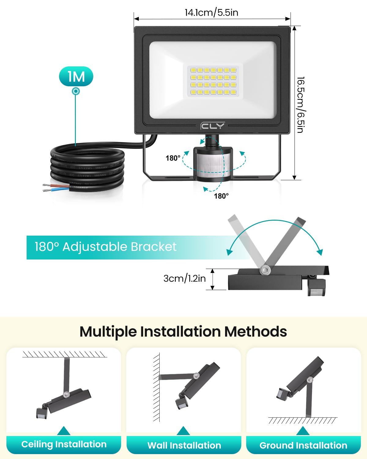 CLY Security Lights Outdoor Motion Sensor 30W PIR Sensor Light 2820LM 6500K