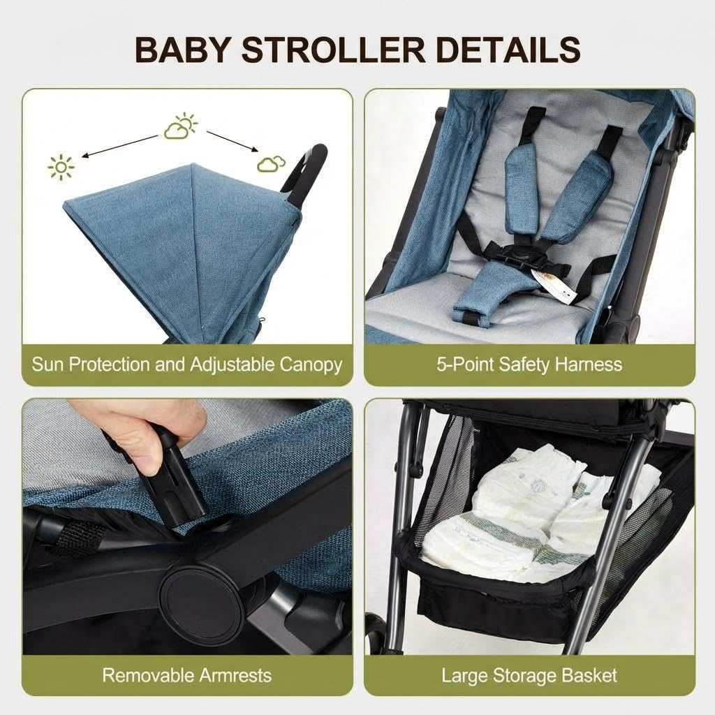 Lightweight Pushchair, Travel Stroller with 3 Recline Positions, Fully Reclining From Birth Up to 22 kg, Baby Stroller with Cup Holder & EVA Shock Absorbing Wheels, One-Click Foldable for Easy Carry-B