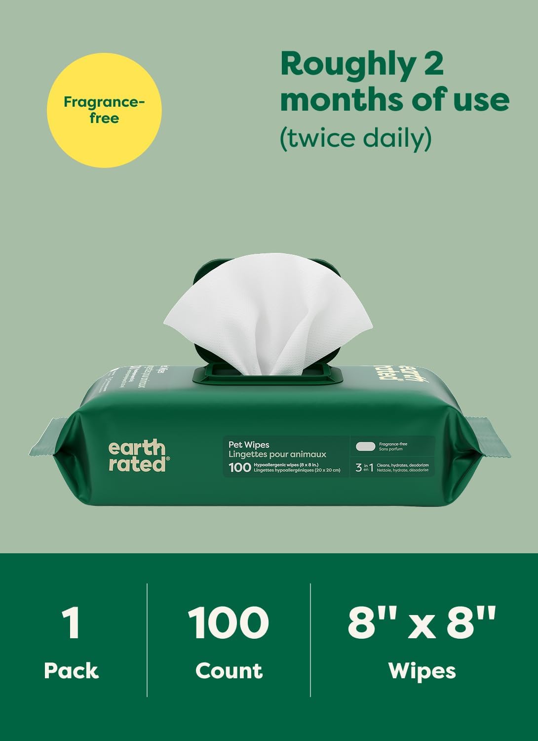 Earth Rated Pet Wipes for Dogs, Hypoallergenic, Cleaning and Hydrating, for Grooming Paws, Body and Bums, Unscented, 100 Count