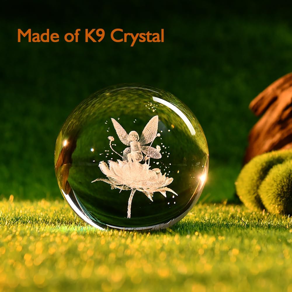 3D Fairy Crystal Ball 60mm Glass Fairy with Flower Night Light Gifts for Girl Women with Light Base