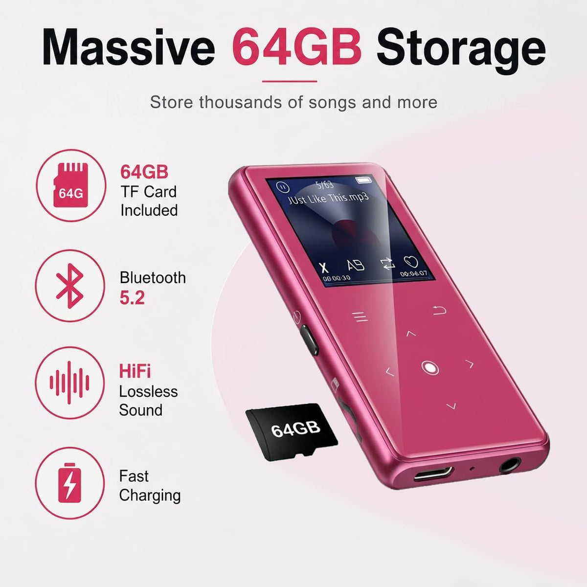 64GB MP3 Player with Bluetooth 5.2, AiMoonsa Music Player with Built-in HD Speaker, FM Radio, Voice Recorder, HiFi Sound, E-Book Function, Earphones Included