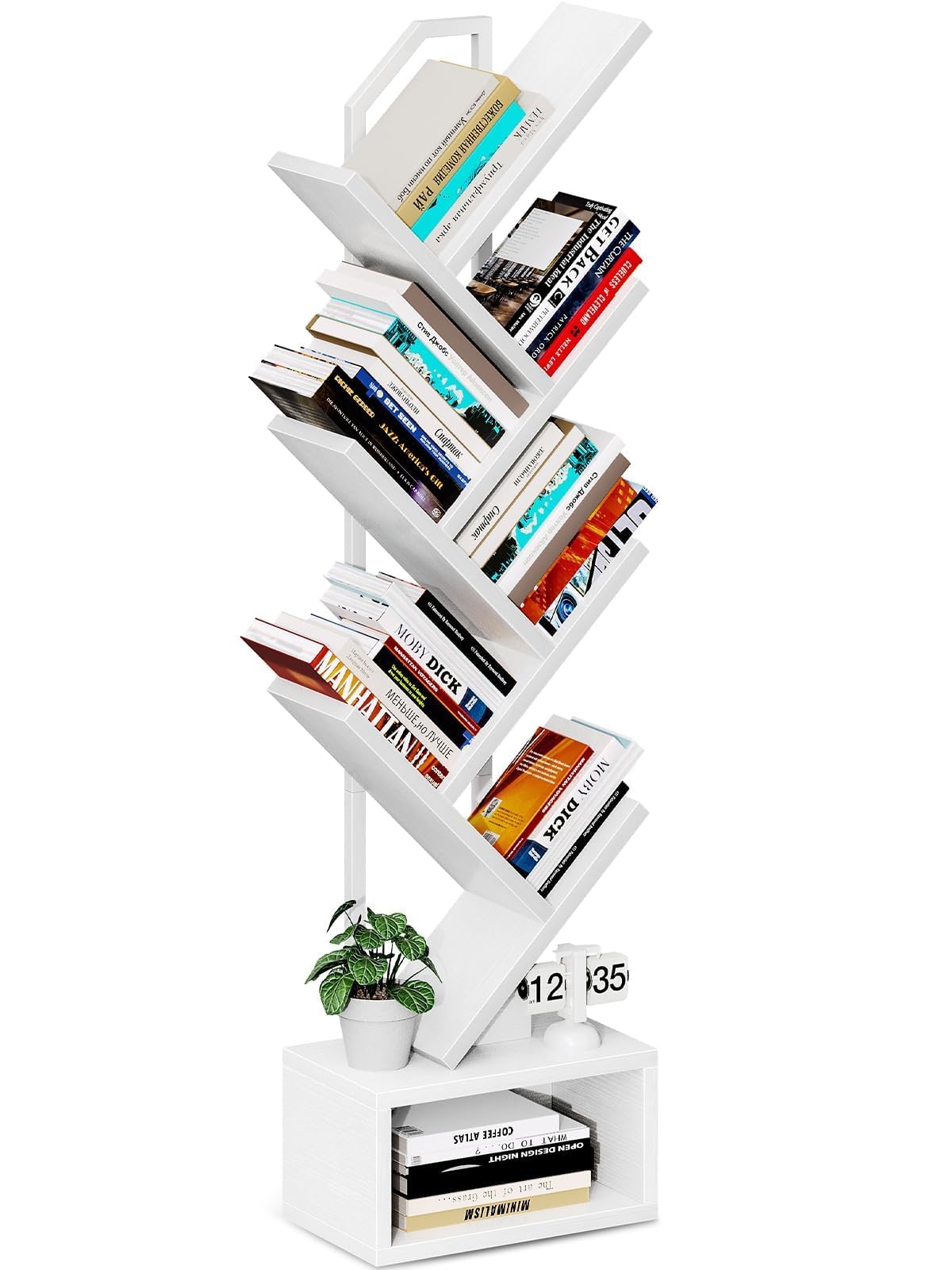 Coleshome Tree Bookshelf, 6-Tier Floor Standing Bookcase, Bookcases suitable for bedrooms and living rooms, Wooden bookshelves suitable for bedrooms and living rooms, White