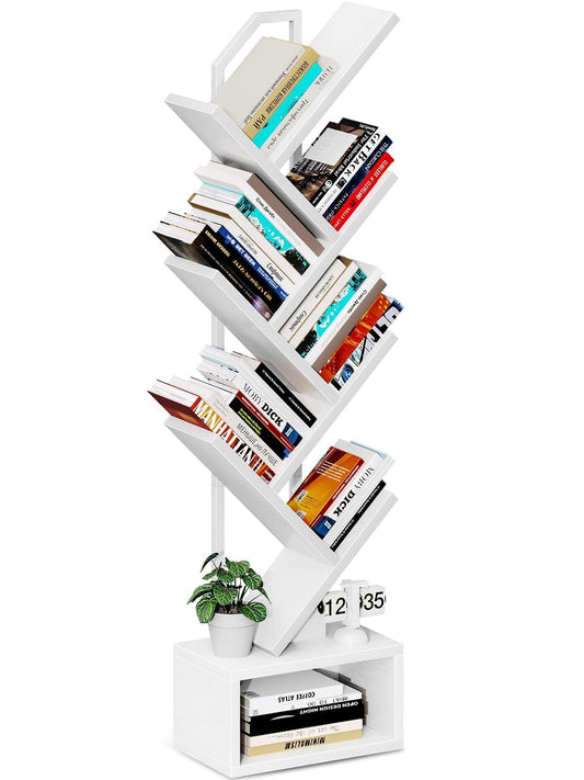 Coleshome 6-Tier Tree Bookshelf with Base Storage Compartment — Metal Back Panel, Vintage Style | 38x40x110.5cm | White