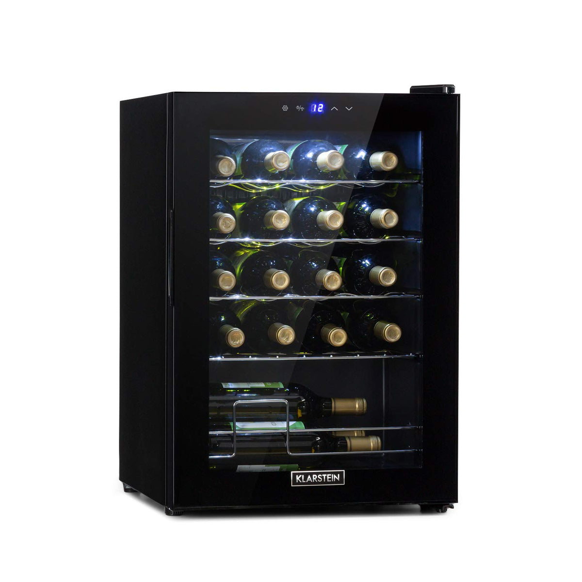 KLARSTEIN Shiraz Wine Cooler Black – 8 Bottles, 1 Zone | Freestanding Wine Fridge with Glass Door, Quiet, 5–18 °C, LED, Stainless Steel Frame