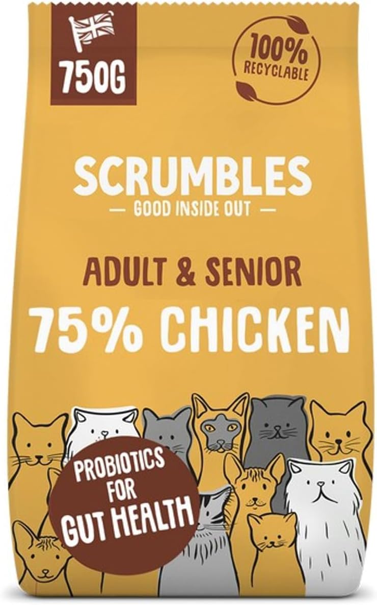 Scrumbles • Dry Cat Food • Hypoallergenic • All Lifestages • Chicken 75% • 750g Bag • Natural Complete Adult Recipe • Gut Friendly Prebiotics & Probiotics • Gluten Free
