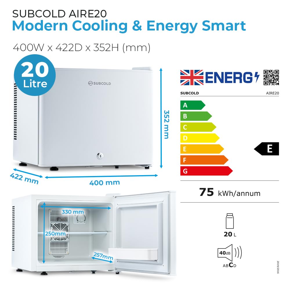 Subcold Aire20-G Mini Fridge | 20L | Frost-Free | Glass Door | LED