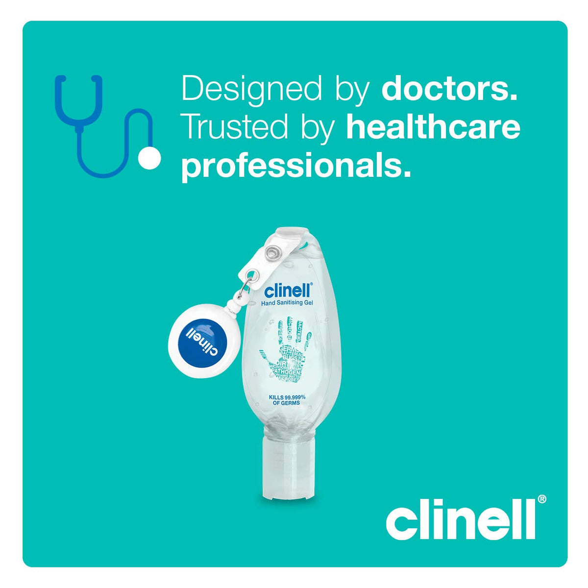 Clinell Hand Sanitiser Gel with Retractable Clip - 50 ml - Dermatologically Tested, Kills 99.99% of Germs, Moisturising, Quick Action, Kind to Skin, No Stickiness